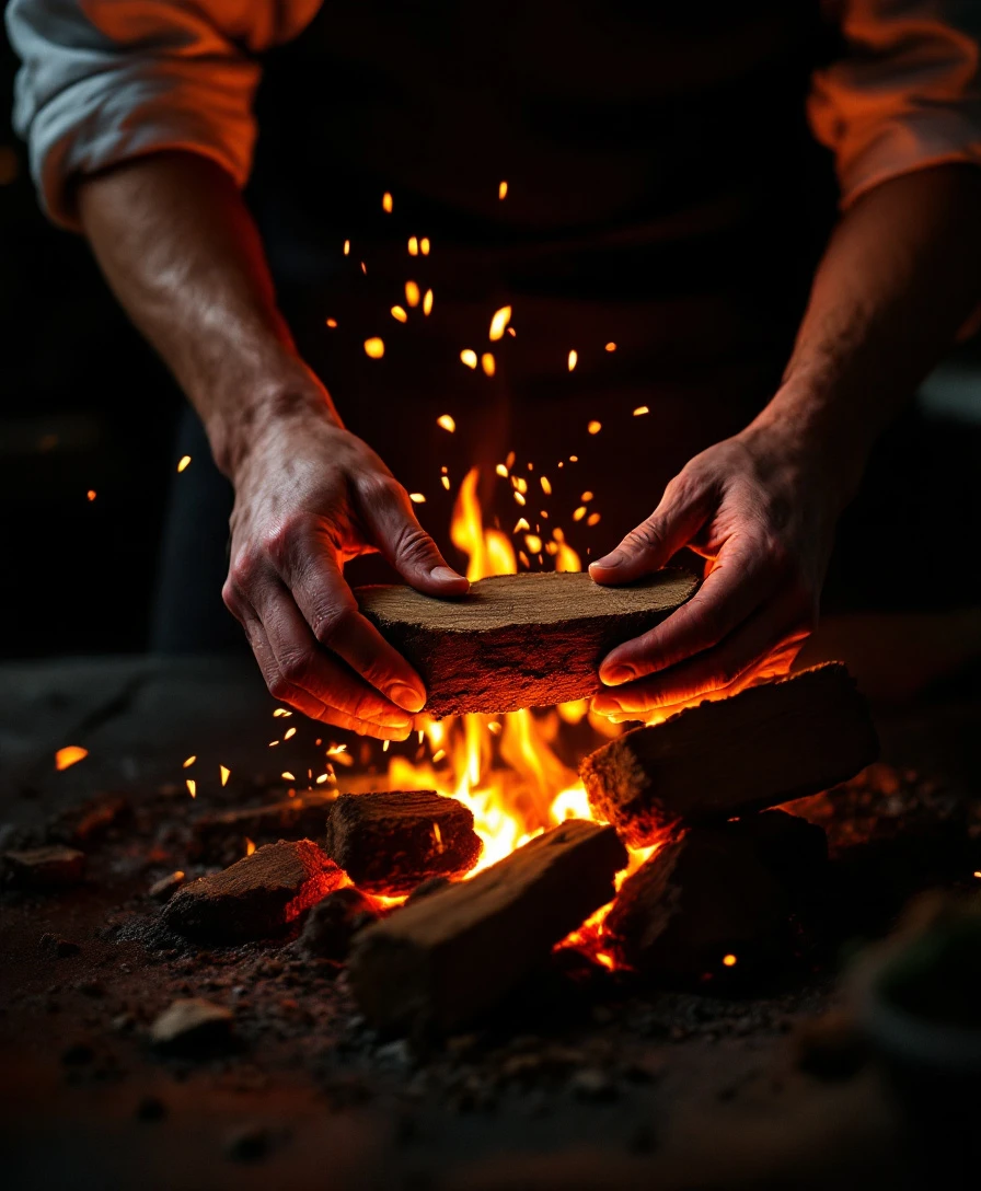 A cook's hands laying a split of oak onto the hearth as sparks rise