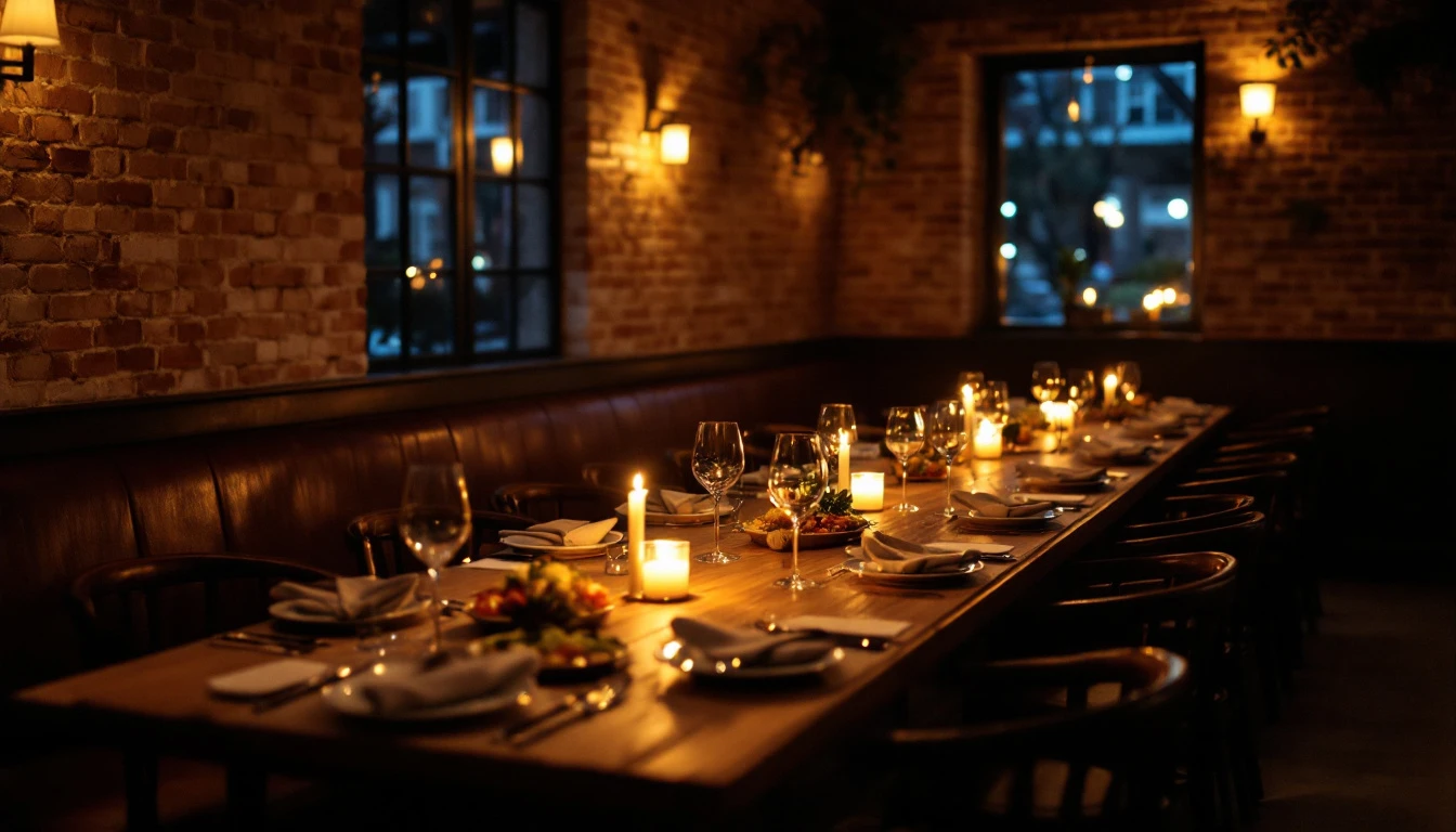 The back room set for a private dinner, one long oak table lit by candles