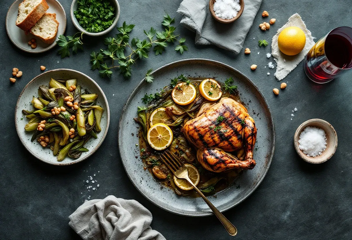 Grilled half chicken with charred lemon, fire-roasted leeks with hazelnuts, bread and a glass of red on a dark stone table