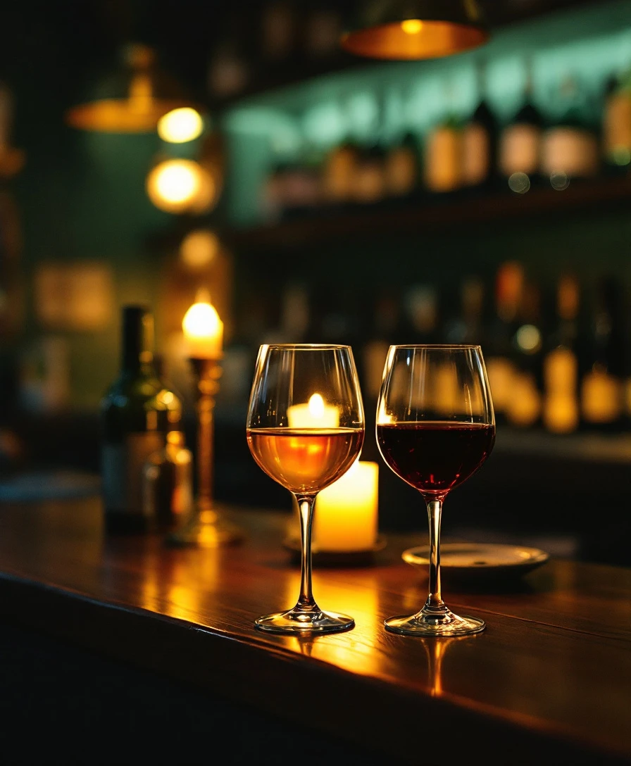 Two glasses of wine, one orange and one red, on the walnut bar by candlelight