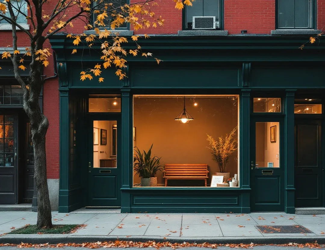 The clinic's green shopfront in an old red brick building, with autumn leaves on the sidewalk