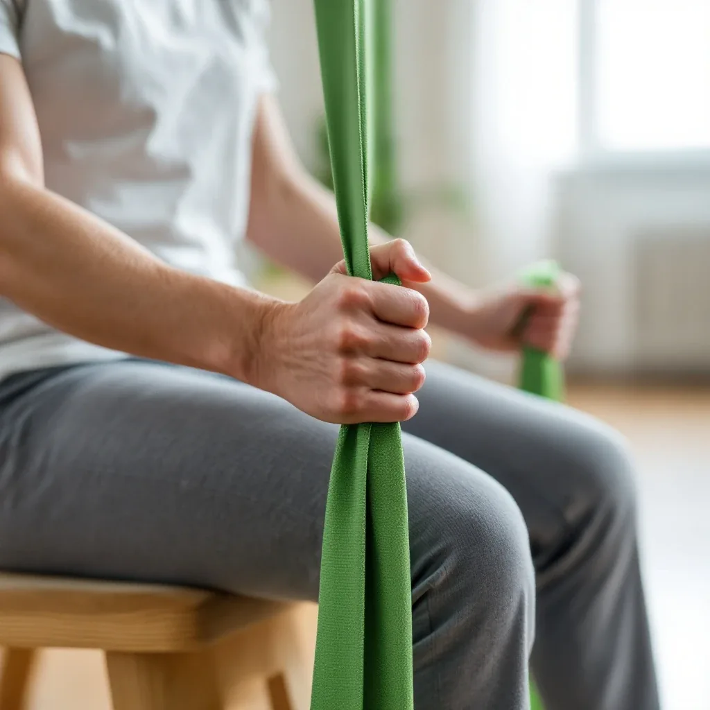 A patient seated on a wooden bench holds a green resistance band