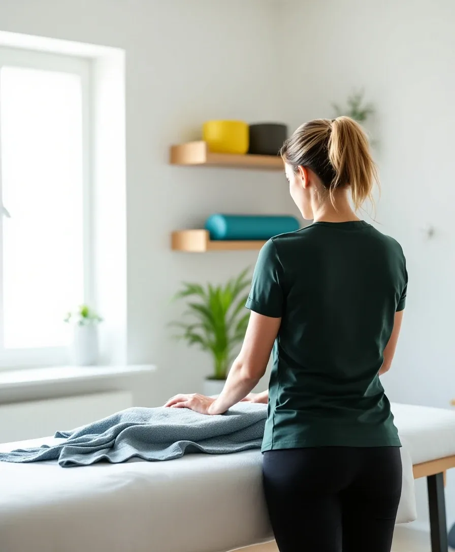 A practitioner, seen from behind, prepares a treatment table in a bright room