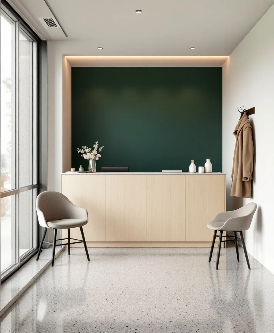 The clinic's quiet reception, with an oak counter, a deep green wall and two chairs