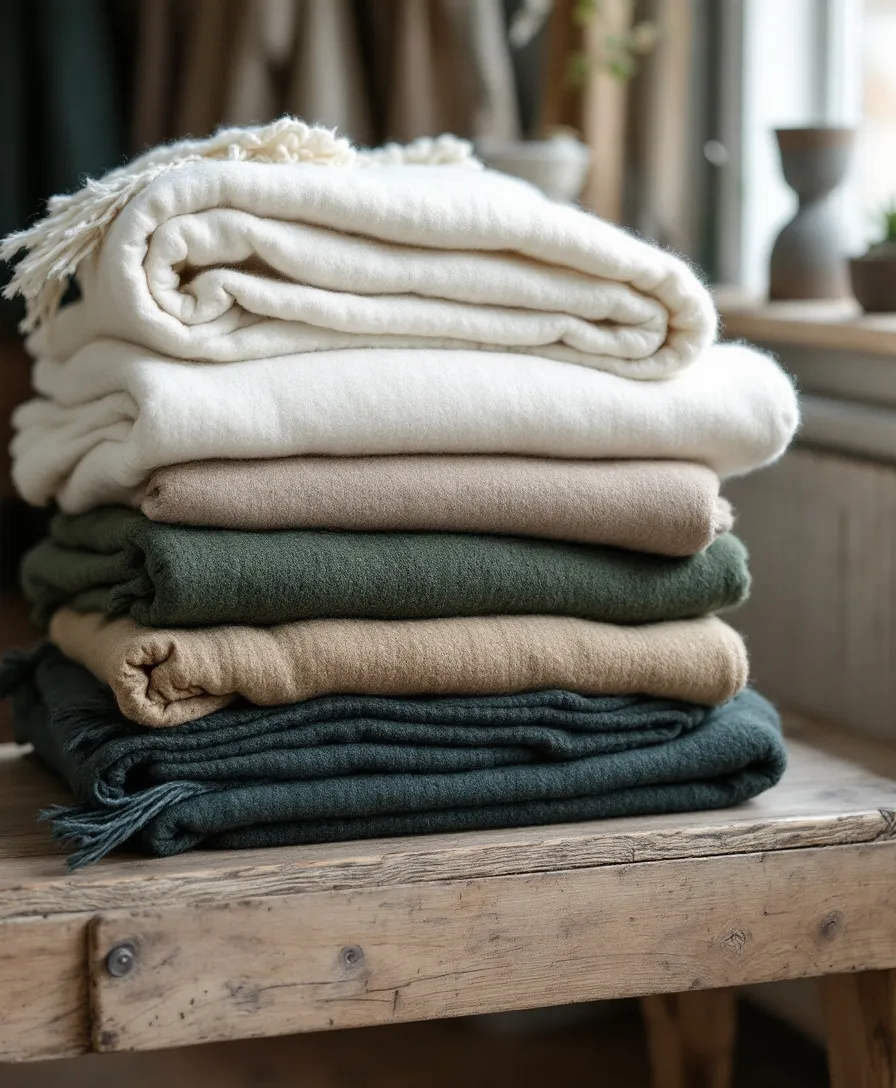 A stack of folded wool blankets in cream, oat and forest green on a wooden bench.