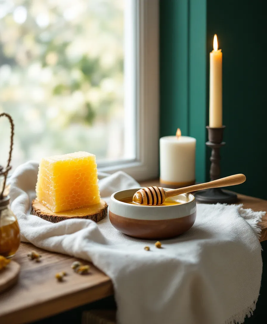 A honey dipper, a dish of golden honey and a slab of honeycomb on cream linen.