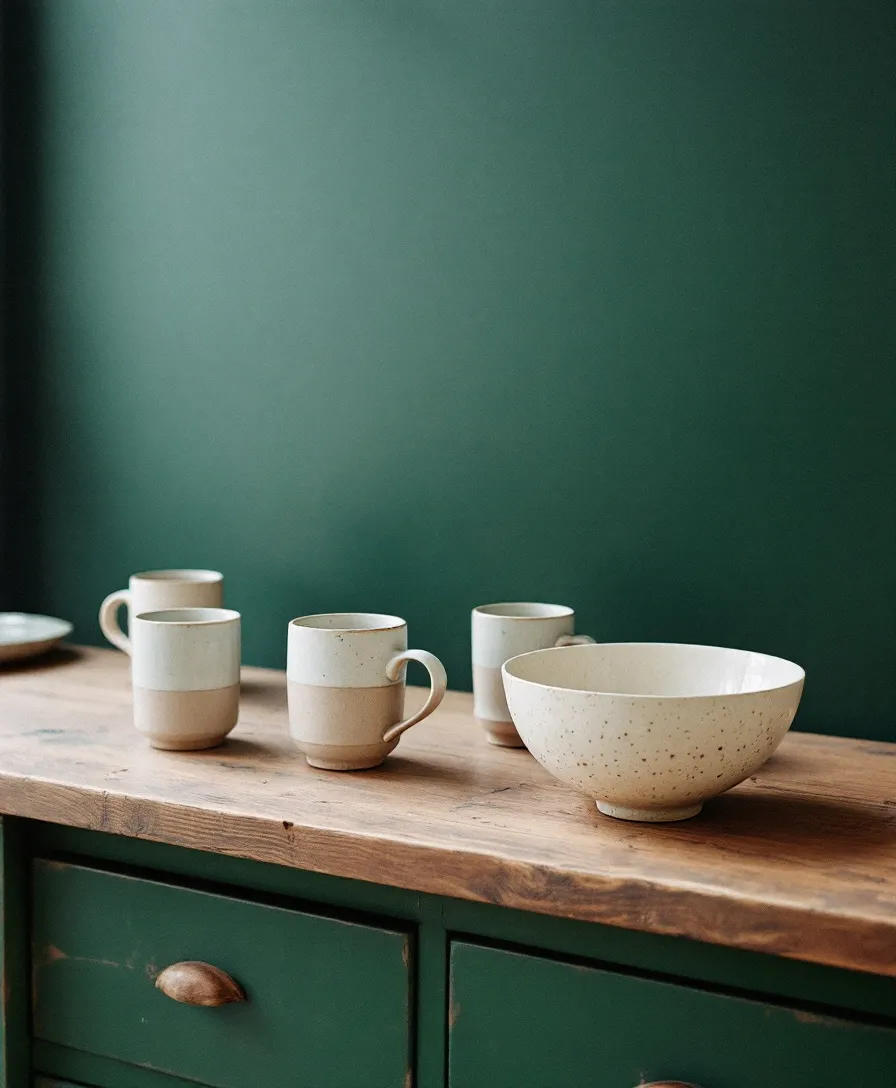 Two-tone stoneware mugs and a speckled cream bowl on a wooden counter against a green wall.