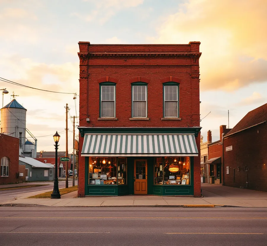 The red brick storefront at golden hour, with a green and white striped awning and green window trim.