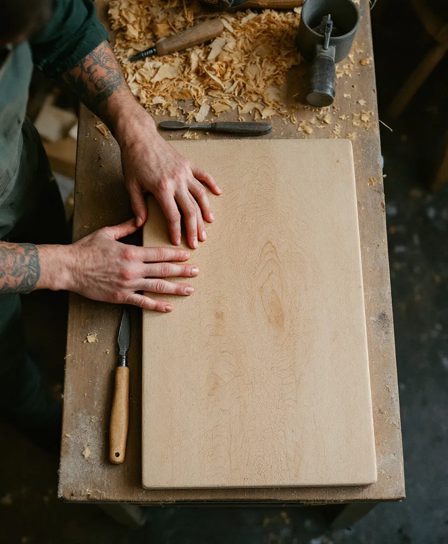 A woodworker's hands resting on a freshly planed maple cutting board, surrounded by shavings and hand tools.