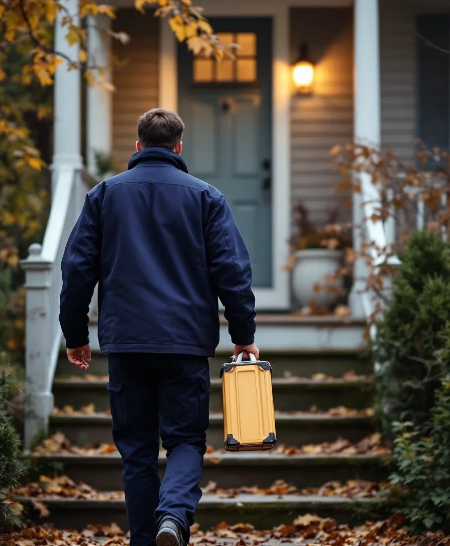 A technician carrying a toolbox up the front steps of a house in autumn