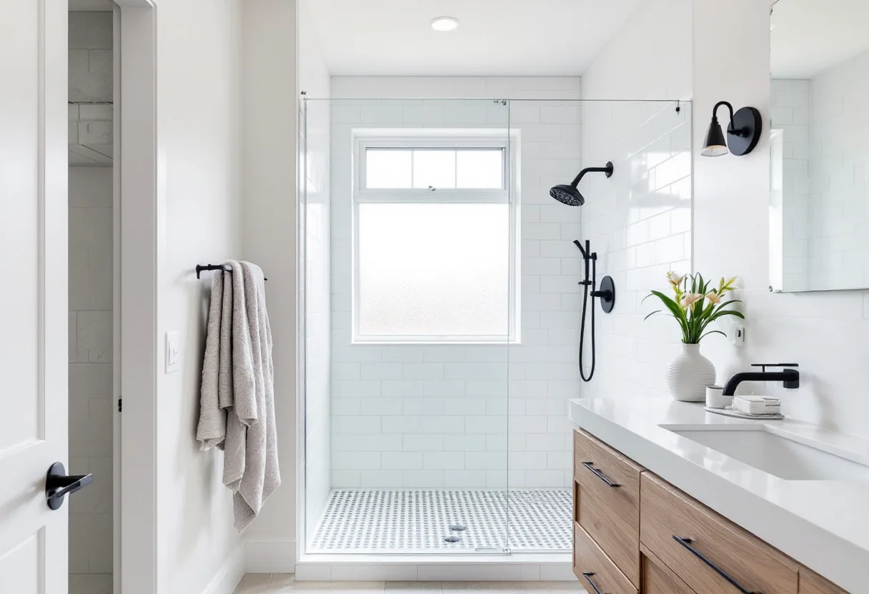 A renovated bathroom with a walk-in glass shower, black fixtures and an oak vanity
