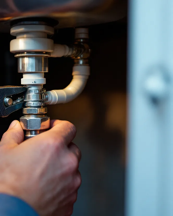 A technician tightening a fitting under a kitchen sink