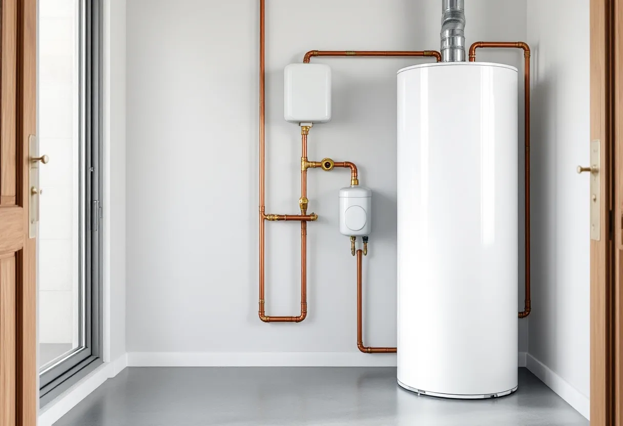 A newly installed tank water heater with copper supply lines in a clean utility room
