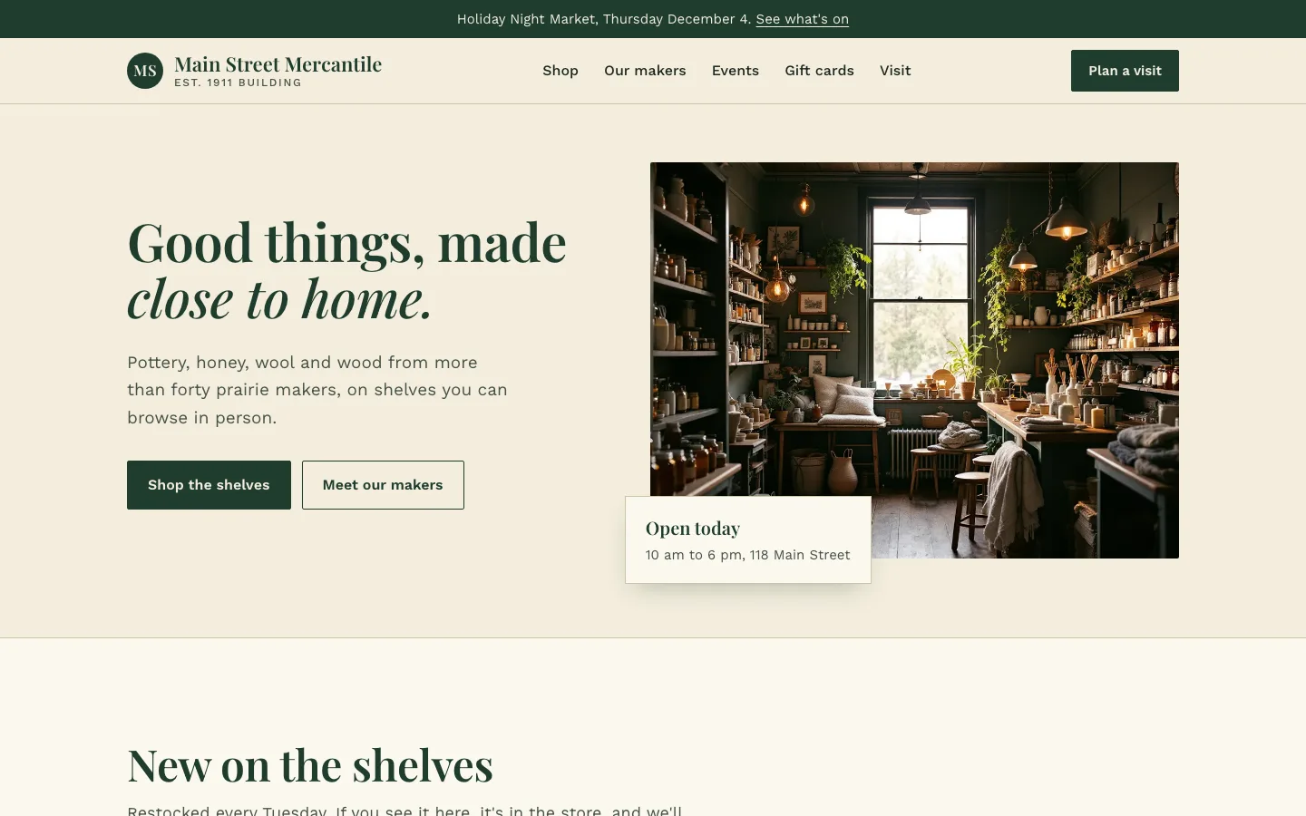 Main Street Mercantile shop homepage